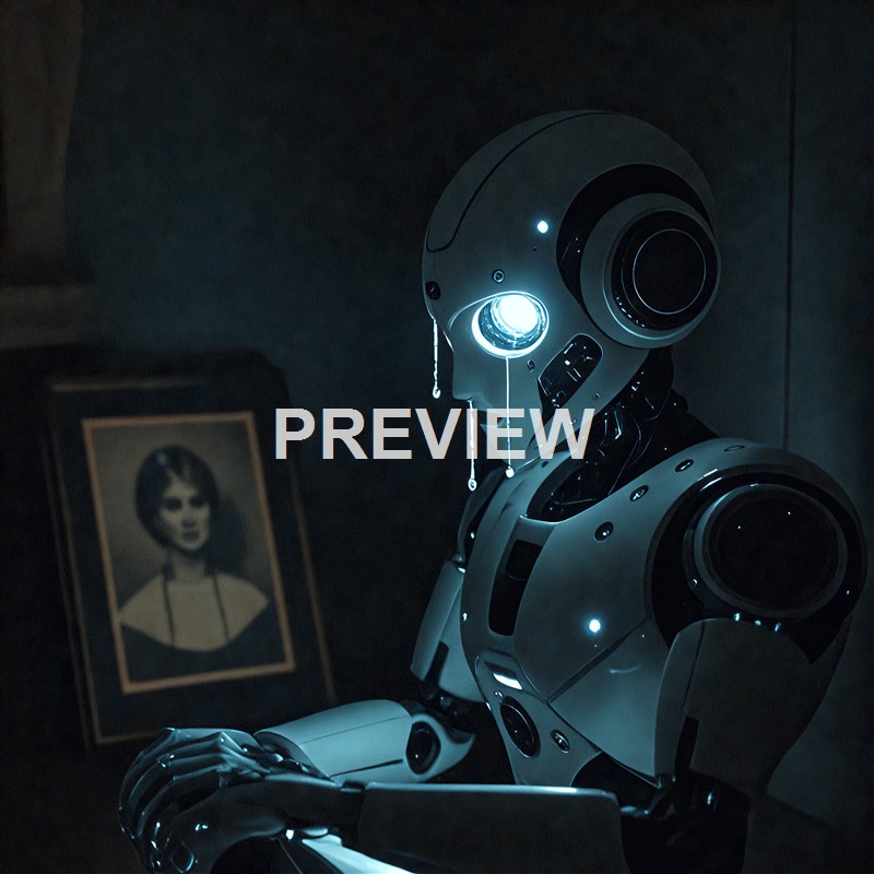 A humanoid robot with glowing eyes and a sleek, futuristic design is sitting in front of a framed black-and-white portrait in a dimly lit room, with tears or liquid dripping from its face.